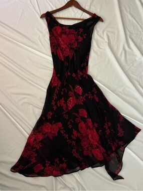 Black Beaded Sheer Slip Dress with Red Floral Embroidery